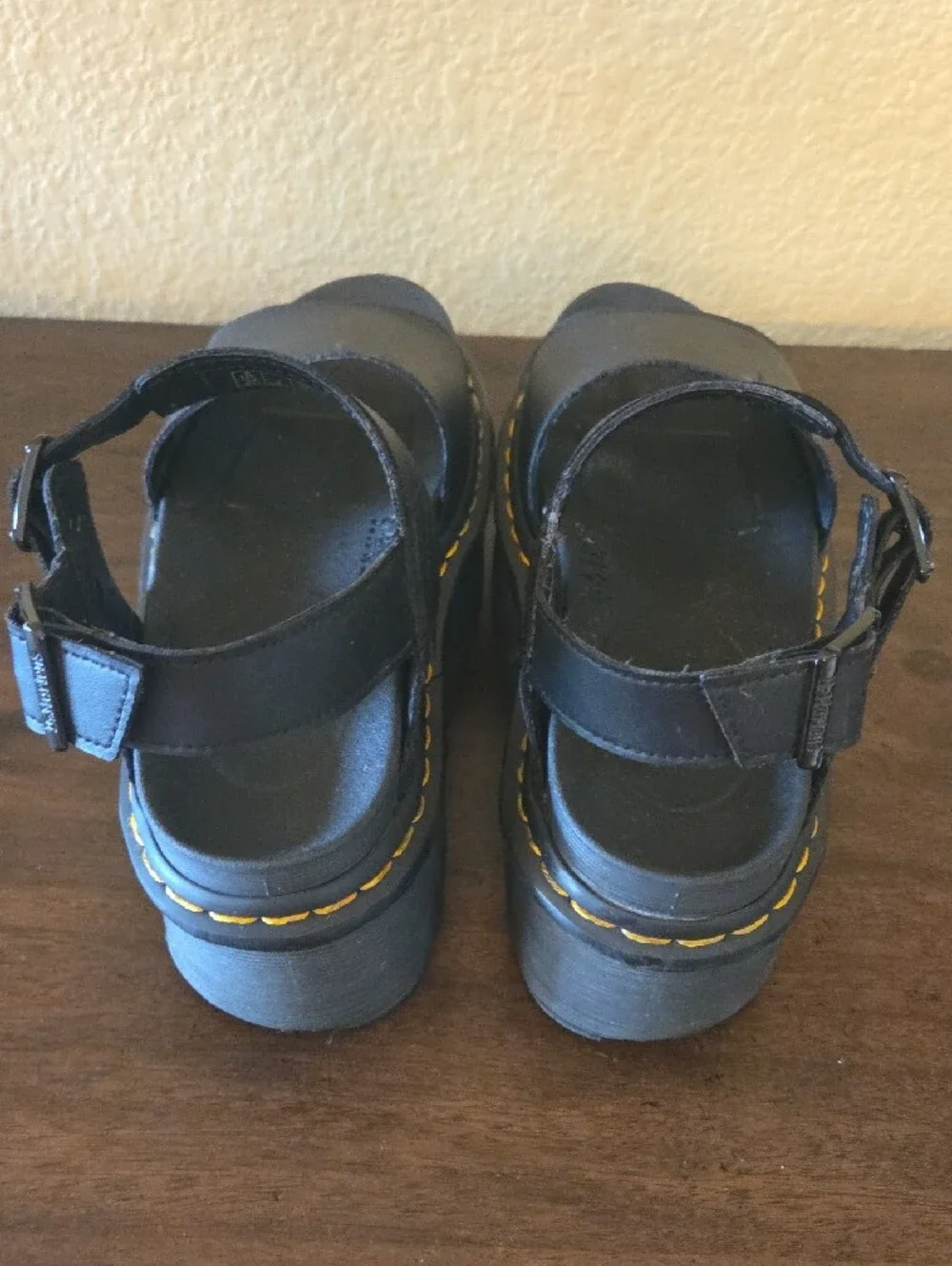 Dr. Marten's Black Platform Sandals with Yellow Stitch Detail